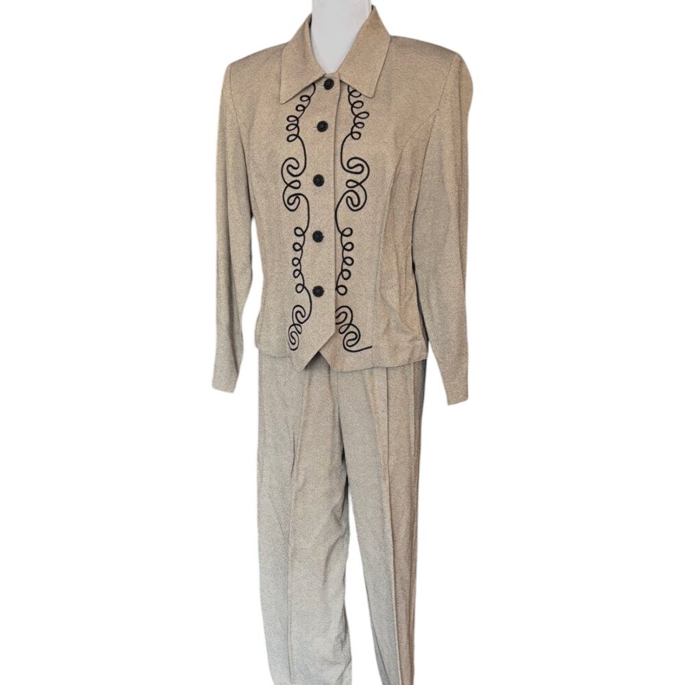 Petite Sophisticate VTG heather oatmeal w black embroidered design pantsuit 12P
